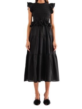 Black Midi Dress with Ruffled Shoulders and Tiered Skirt